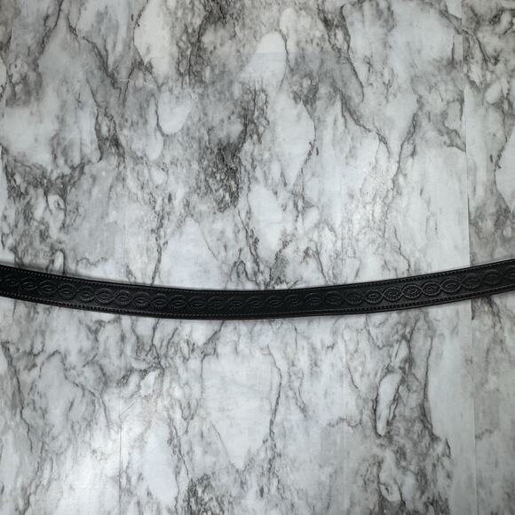 Western Tooled Black Leather Belt Strap Mens Size 44 Embossed Snap On No Buckle - Picture 12 of 14